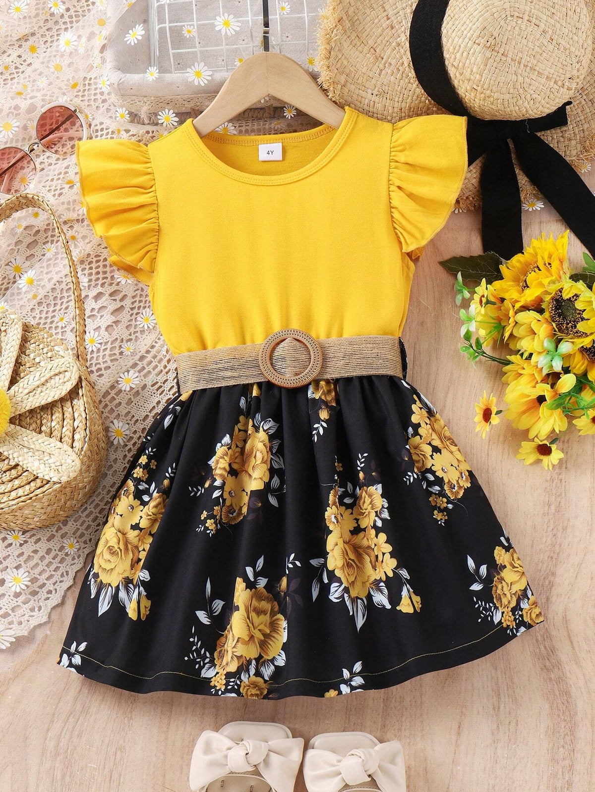 Little Girls' Floral Printed Ruffle Sleeve Patchwork Dress