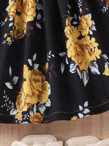 Little Girls' Floral Printed Ruffle Sleeve Patchwork Dress