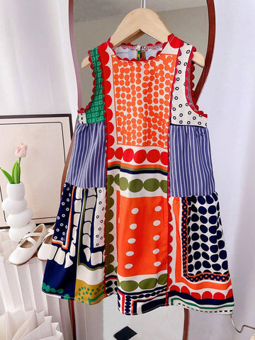 Little Girls' Geometric Striped And Printed Splicing A-Line Maxi Dress, Summer