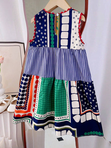 Little Girls' Geometric Striped And Printed Splicing A-Line Maxi Dress, Summer