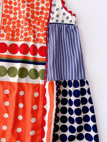 Little Girls' Geometric Striped And Printed Splicing A-Line Maxi Dress, Summer