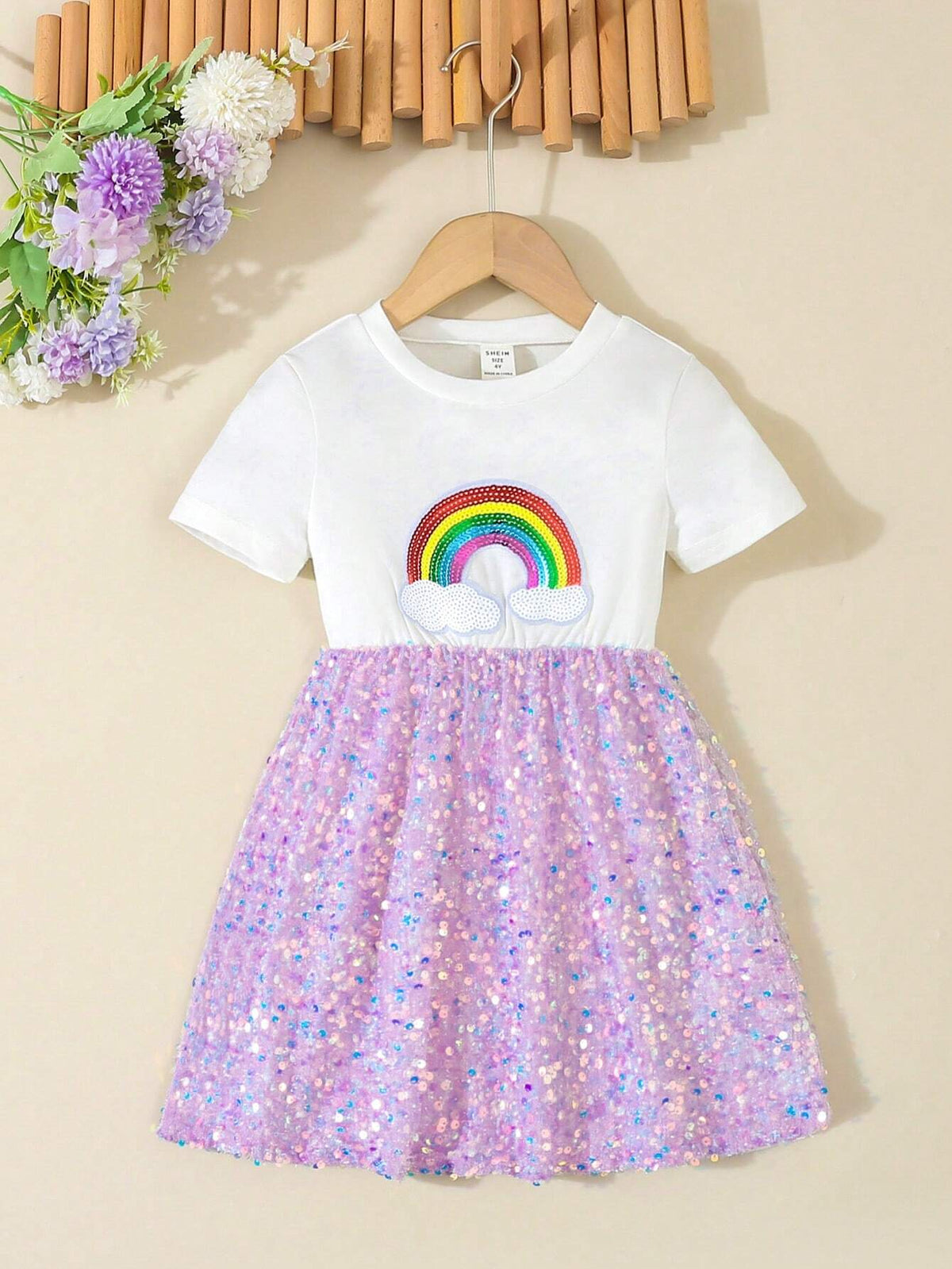 Little Girls' Gorgeous White Rainbow Sequin Embroidery Patchwork Hem Dress, Summer