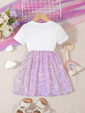 Little Girls' Gorgeous White Rainbow Sequin Embroidery Patchwork Hem Dress, Summer