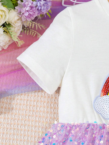 Little Girls' Gorgeous White Rainbow Sequin Embroidery Patchwork Hem Dress, Summer
