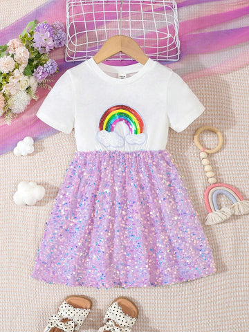 Little Girls' Gorgeous White Rainbow Sequin Embroidery Patchwork Hem Dress, Summer
