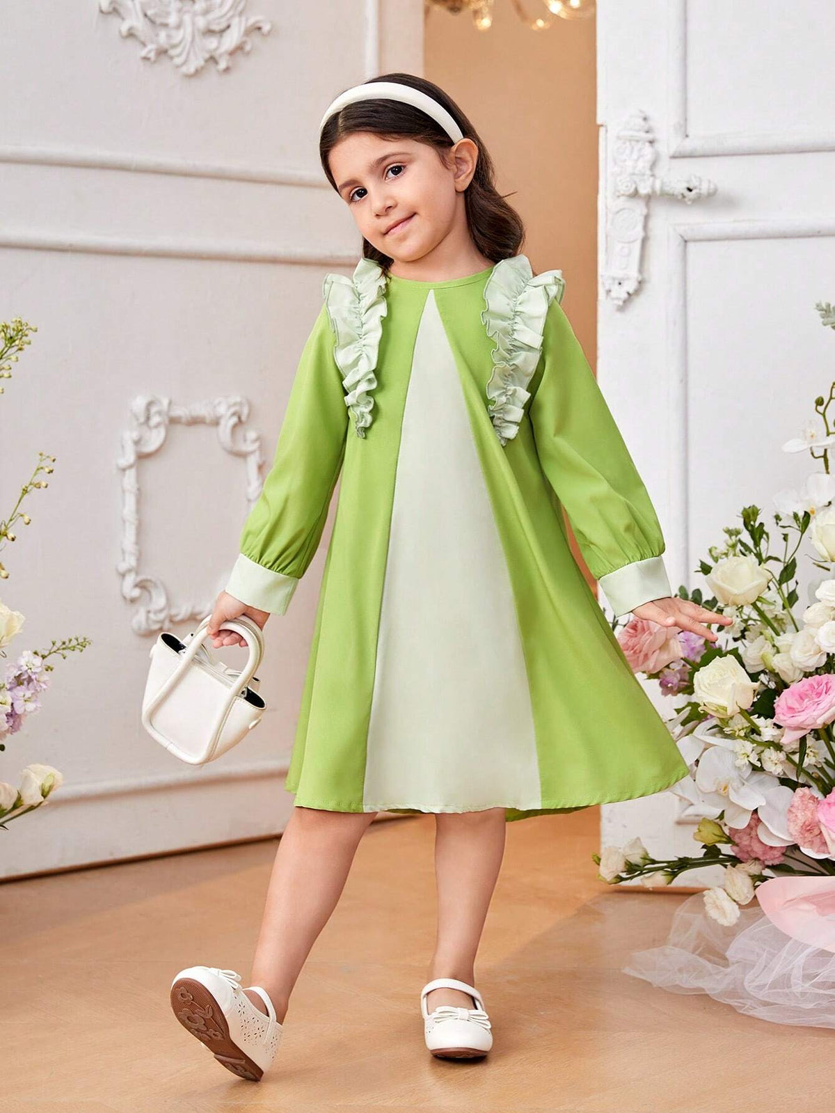 Little Girls' Green Color Block Ruffle Sleeve Dress, Fashionable And Elegant All-Match Style