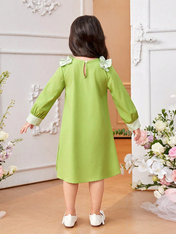 Little Girls' Green Color Block Ruffle Sleeve Dress, Fashionable And Elegant All-Match Style