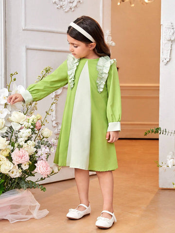 Little Girls' Green Color Block Ruffle Sleeve Dress, Fashionable And Elegant All-Match Style