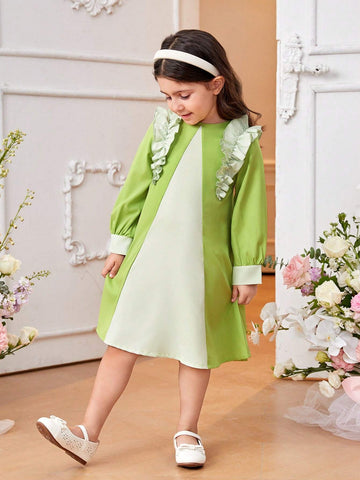Little Girls' Green Color Block Ruffle Sleeve Dress, Fashionable And Elegant All-Match Style