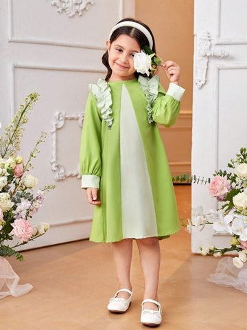 Little Girls' Green Color Block Ruffle Sleeve Dress, Fashionable And Elegant All-Match Style
