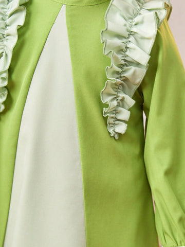 Little Girls' Green Color Block Ruffle Sleeve Dress, Fashionable And Elegant All-Match Style