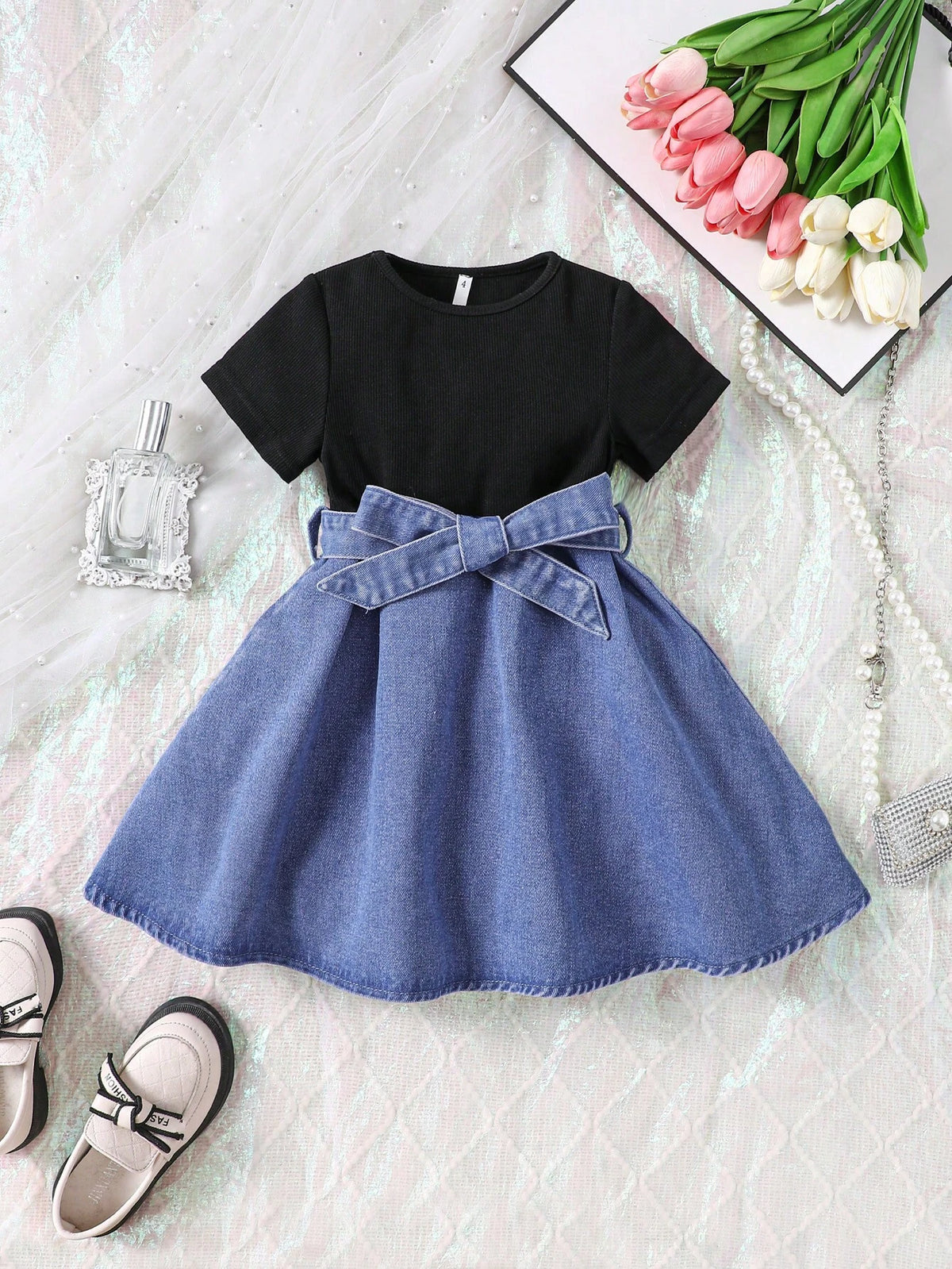 Little Girls' Knit And Denim Patchwork Dress With Waist Belt, Novelty And Fashionable, Perfect For Vacation And Casual Occasions