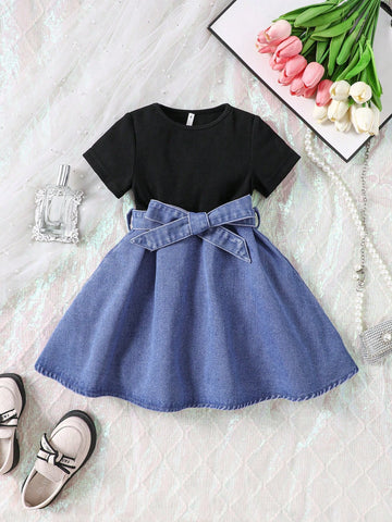 Little Girls' Knit And Denim Patchwork Dress With Waist Belt, Novelty And Fashionable, Perfect For Vacation And Casual Occasions