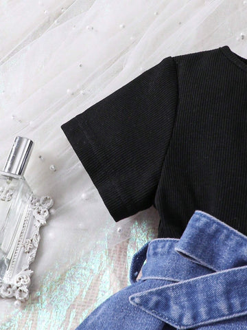 Little Girls' Knit And Denim Patchwork Dress With Waist Belt, Novelty And Fashionable, Perfect For Vacation And Casual Occasions