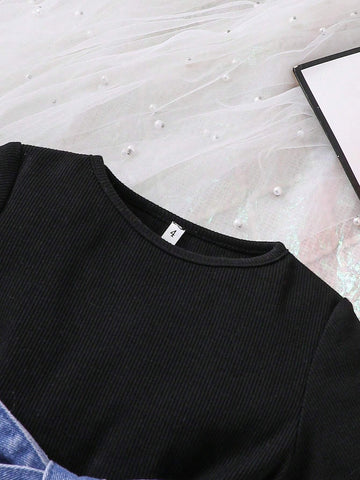 Little Girls' Knit And Denim Patchwork Dress With Waist Belt, Novelty And Fashionable, Perfect For Vacation And Casual Occasions