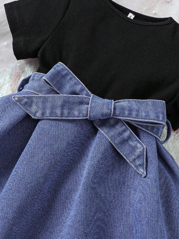 Little Girls' Knit And Denim Patchwork Dress With Waist Belt, Novelty And Fashionable, Perfect For Vacation And Casual Occasions