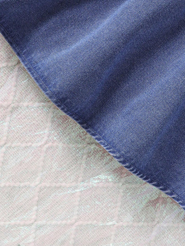 Little Girls' Knit And Denim Patchwork Dress With Waist Belt, Novelty And Fashionable, Perfect For Vacation And Casual Occasions