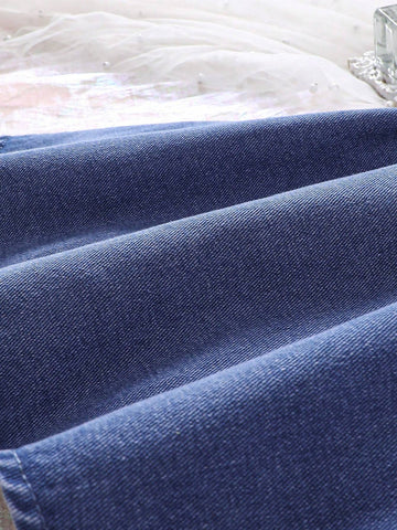 Little Girls' Knit And Denim Patchwork Dress With Waist Belt, Novelty And Fashionable, Perfect For Vacation And Casual Occasions