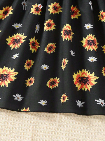 Little Girls' Knitted Ribbed Sunflower & Flower Printed Sleeveless Dress, Summer, A-Line
