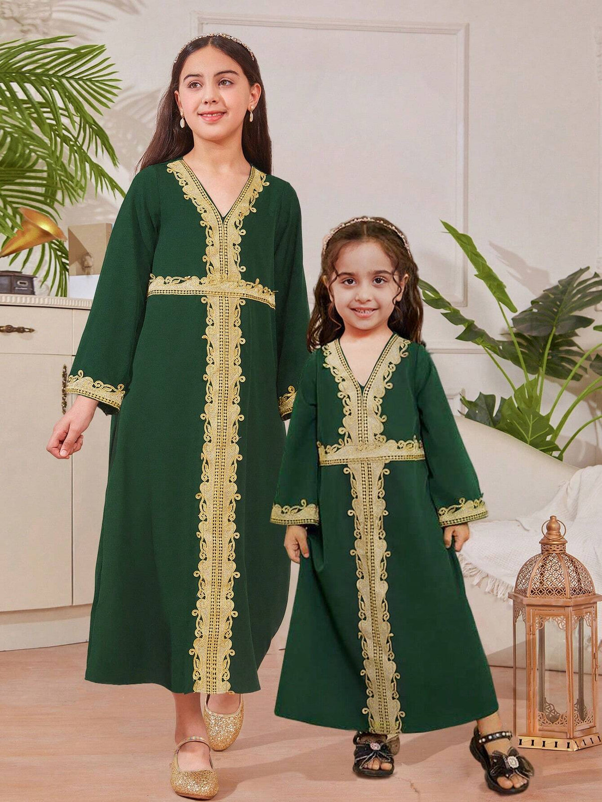 Little Girls' Loose Fit V-Neck Long Sleeve Long Dress In Dark Green Color. Sibling Outfits Matching Outfits (2 Pieces Sold Separately).