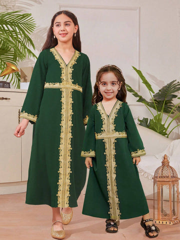 Little Girls' Loose Fit V-Neck Long Sleeve Long Dress In Dark Green Color. Sibling Outfits Matching Outfits (2 Pieces Sold Separately).