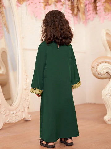 Little Girls' Loose Fit V-Neck Long Sleeve Long Dress In Dark Green Color. Sibling Outfits Matching Outfits (2 Pieces Sold Separately).
