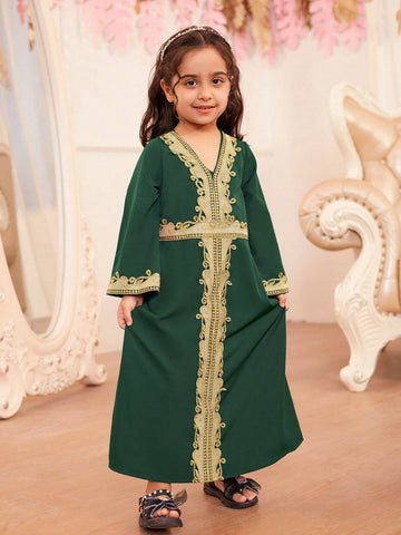 Little Girls' Loose Fit V-Neck Long Sleeve Long Dress In Dark Green Color. Sibling Outfits Matching Outfits (2 Pieces Sold Separately).