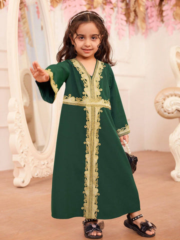 Little Girls' Loose Fit V-Neck Long Sleeve Long Dress In Dark Green Color. Sibling Outfits Matching Outfits (2 Pieces Sold Separately).