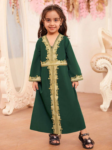 Little Girls' Loose Fit V-Neck Long Sleeve Long Dress In Dark Green Color. Sibling Outfits Matching Outfits (2 Pieces Sold Separately).