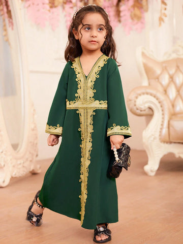 Little Girls' Loose Fit V-Neck Long Sleeve Long Dress In Dark Green Color. Sibling Outfits Matching Outfits (2 Pieces Sold Separately).