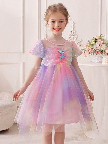 Little Girls' Mermaid Puff Sleeve Shiny Rainbow Mesh Puffy Skirt Mid-Length Party Dress For Birthday