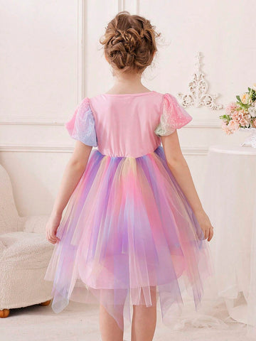 Little Girls' Mermaid Puff Sleeve Shiny Rainbow Mesh Puffy Skirt Mid-Length Party Dress For Birthday
