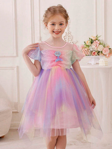 Little Girls' Mermaid Puff Sleeve Shiny Rainbow Mesh Puffy Skirt Mid-Length Party Dress For Birthday