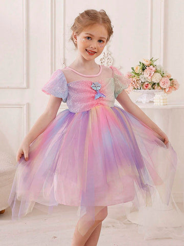 Little Girls' Mermaid Puff Sleeve Shiny Rainbow Mesh Puffy Skirt Mid-Length Party Dress For Birthday