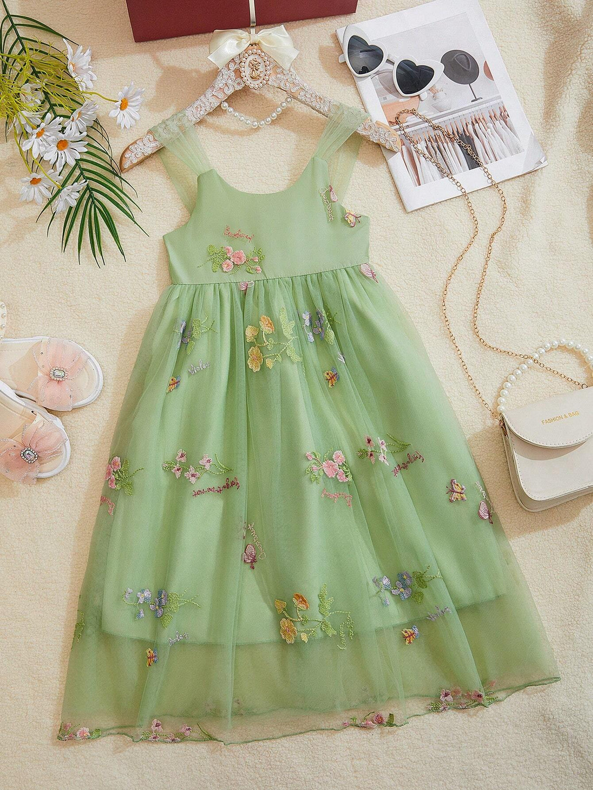 Little Girls' Mesh Flower Embroidered Party Dress With Spaghetti Straps