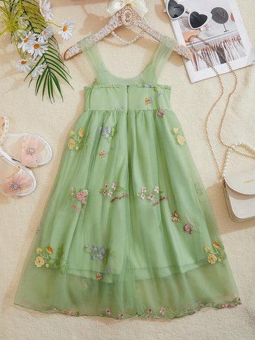 Little Girls' Mesh Flower Embroidered Party Dress With Spaghetti Straps