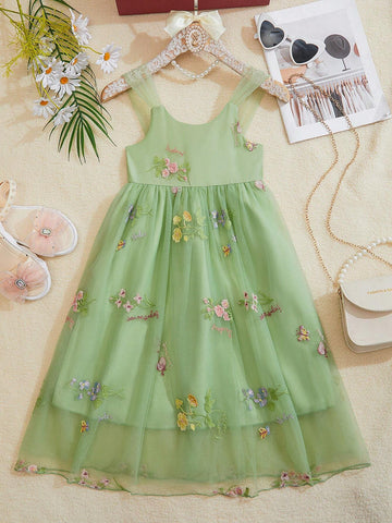 Little Girls' Mesh Flower Embroidered Party Dress With Spaghetti Straps