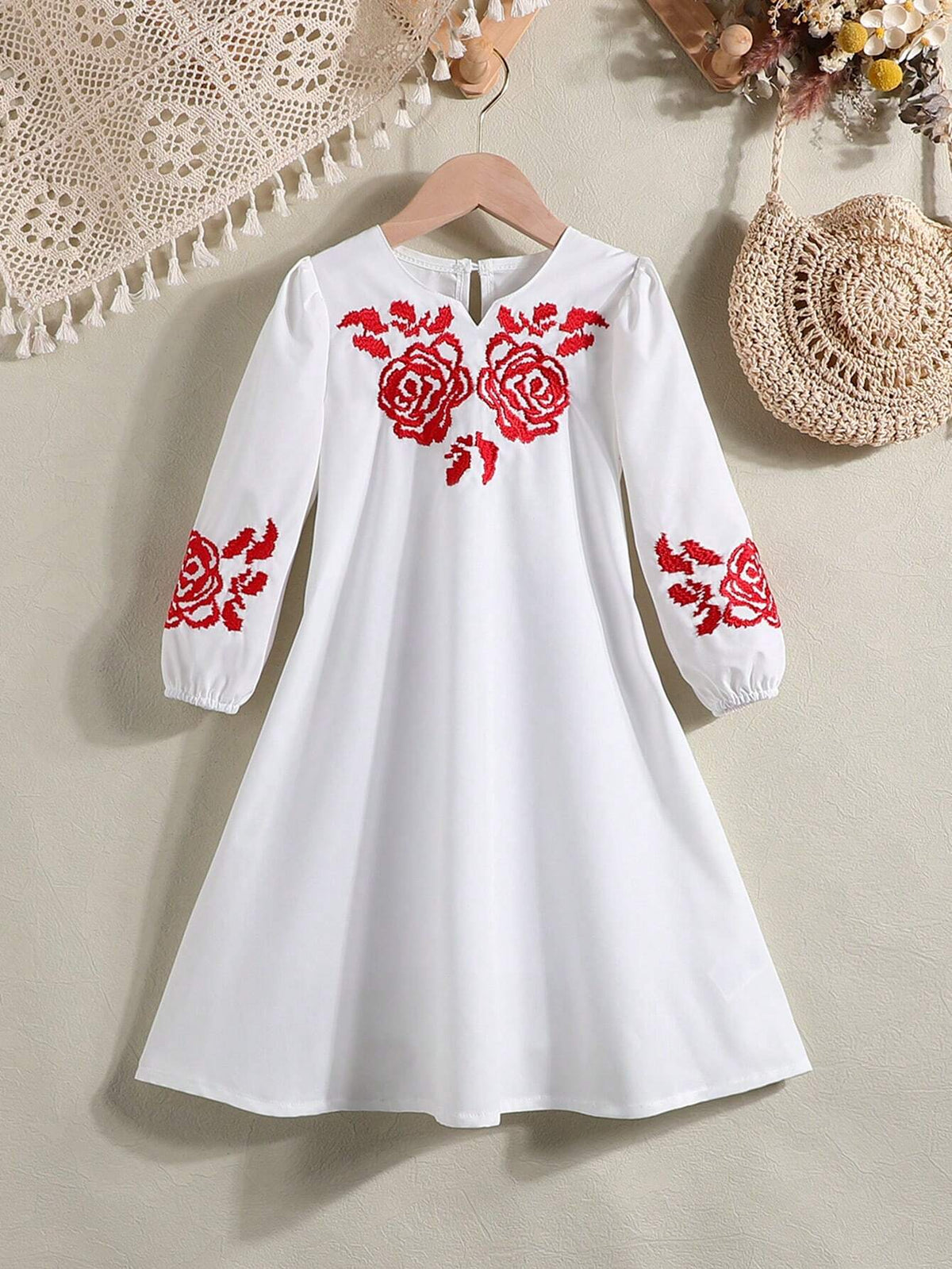 Little Girls" New Spring/Summer Collection, Simplicity Long Sleeve Dress Featuring Black-Tea Rose Embroidery