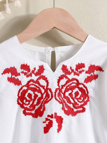 Little Girls" New Spring/Summer Collection, Simplicity Long Sleeve Dress Featuring Black-Tea Rose Embroidery