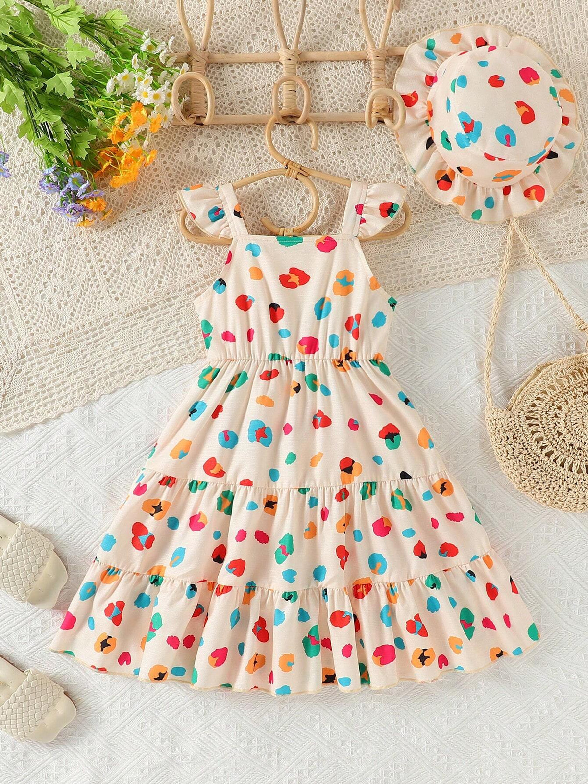 Little Girls' New Summer Cami, Flying Sleeve, All-Over Printed, Simple Mid-Length Dress