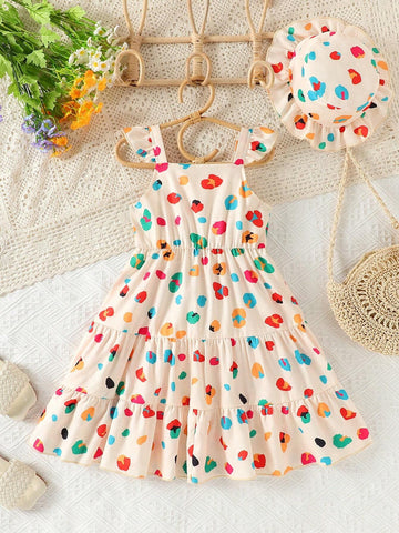 Little Girls' New Summer Cami, Flying Sleeve, All-Over Printed, Simple Mid-Length Dress