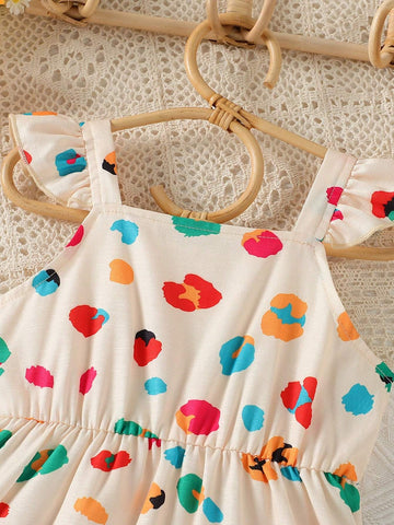 Little Girls' New Summer Cami, Flying Sleeve, All-Over Printed, Simple Mid-Length Dress