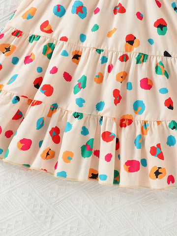 Little Girls' New Summer Cami, Flying Sleeve, All-Over Printed, Simple Mid-Length Dress