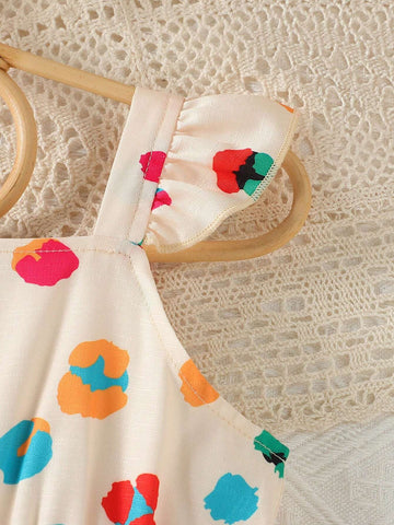 Little Girls' New Summer Cami, Flying Sleeve, All-Over Printed, Simple Mid-Length Dress