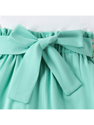 Little Girls' Oblique-Shoulder Fly Sleeve Top And Solid Color Pants Outfit