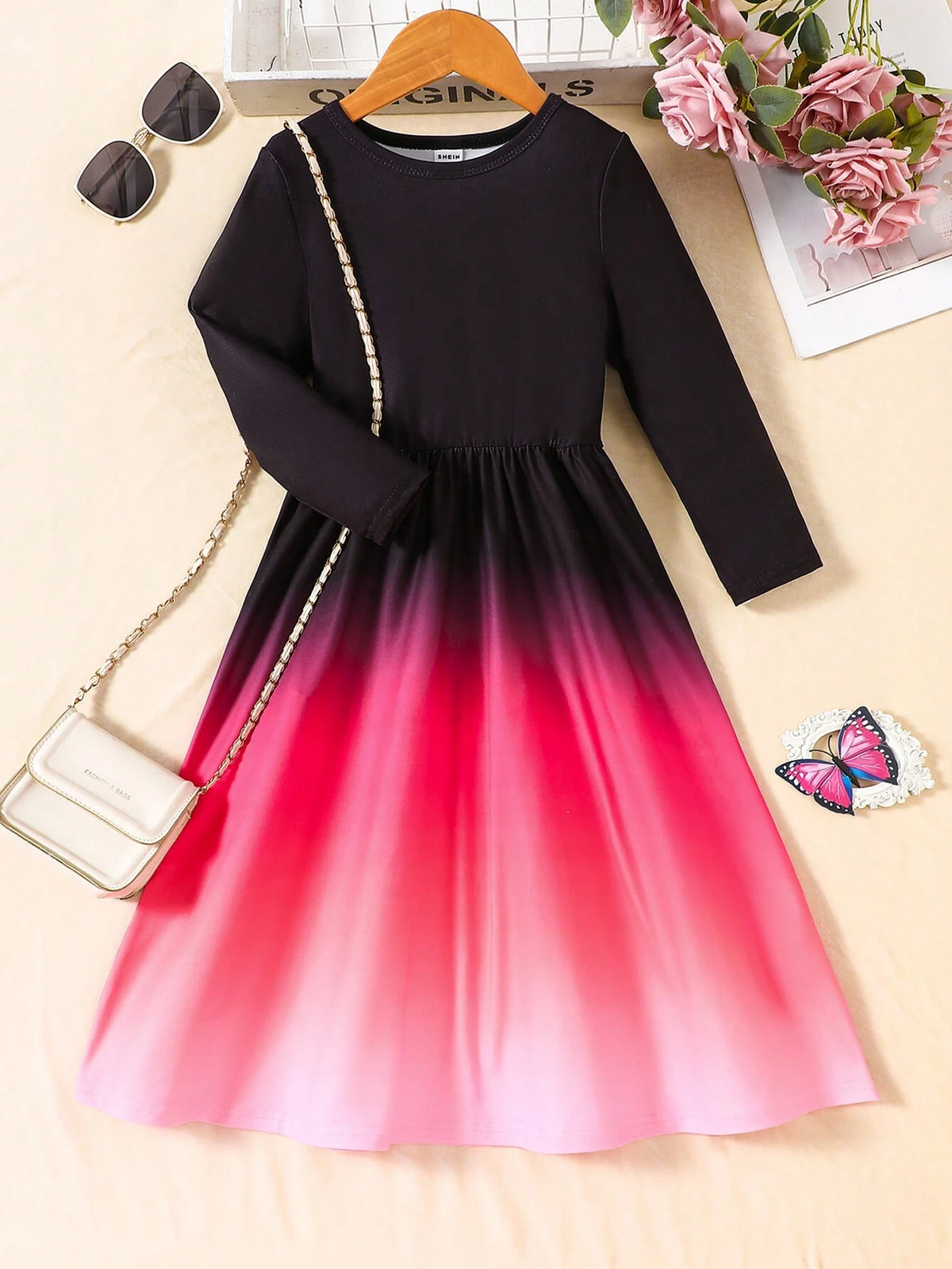 Little Girls Ombre Long Sleeve Dress, Spring Autumn
