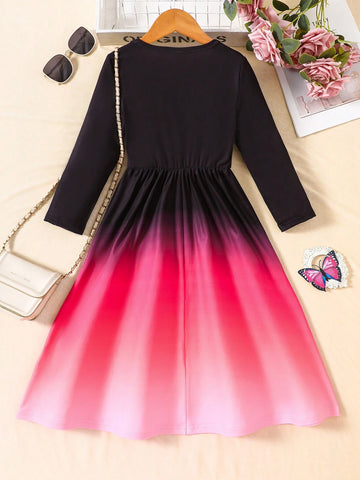 Little Girls Ombre Long Sleeve Dress, Spring Autumn