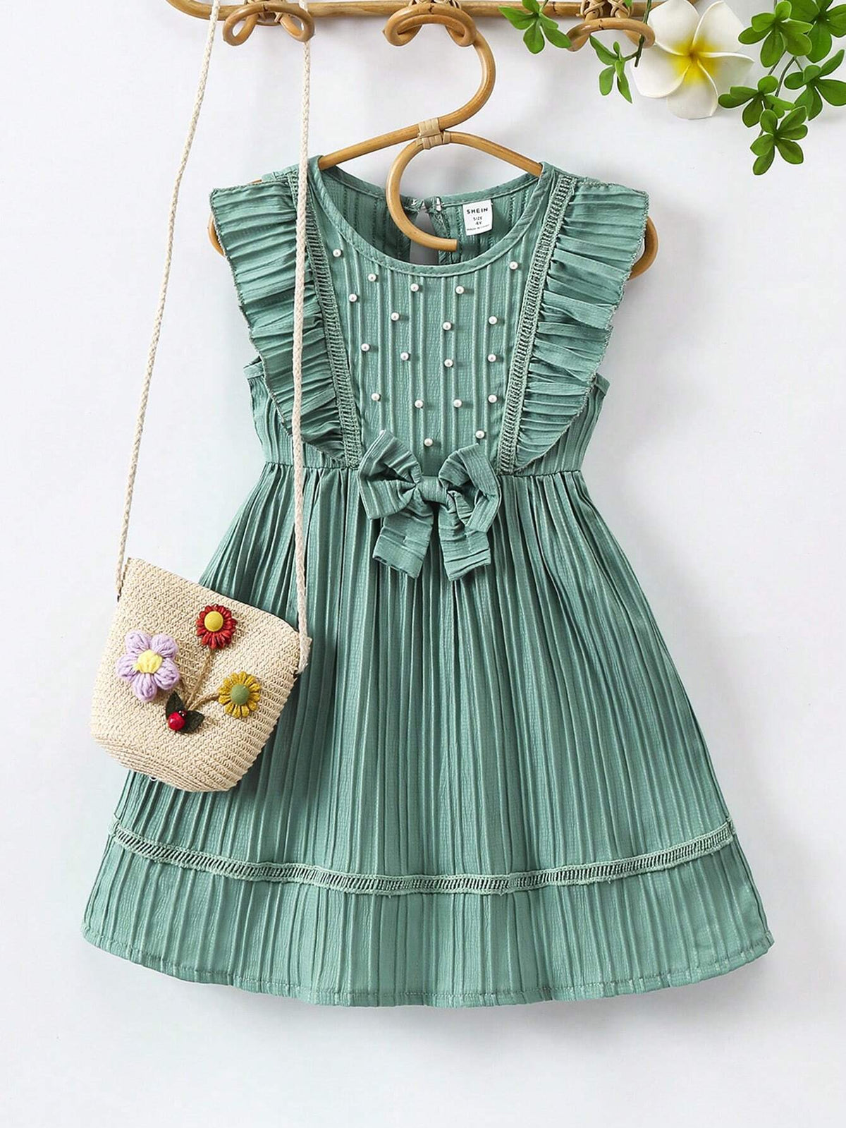 Little Girls' Pearl Embellished Sleeveless Ruffle Hem Lace Dress With Round Neckline