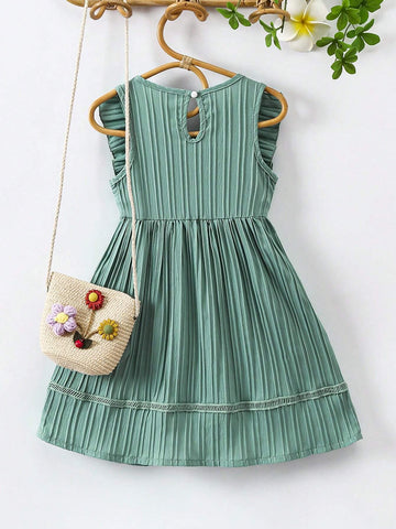 Little Girls' Pearl Embellished Sleeveless Ruffle Hem Lace Dress With Round Neckline