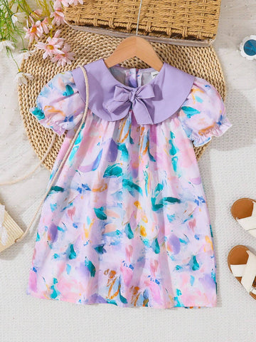 Little Girls' Peter Pan Collar Bowknot Puff Sleeve Summer Dress